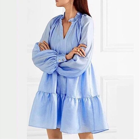 Stine Goya Jasmine Mini Dress Light Blue Tiered Trapeze Shift Taffeta V-Neck S - Picture 4 of 11